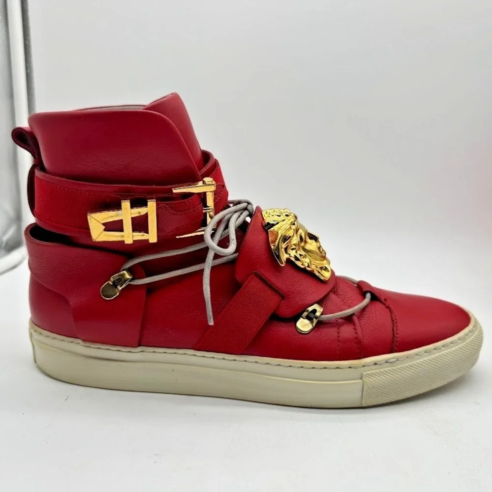 Versace Medusa Red High Top Sneakers IT 39 US 8 Leather Gold Buckle Luxury